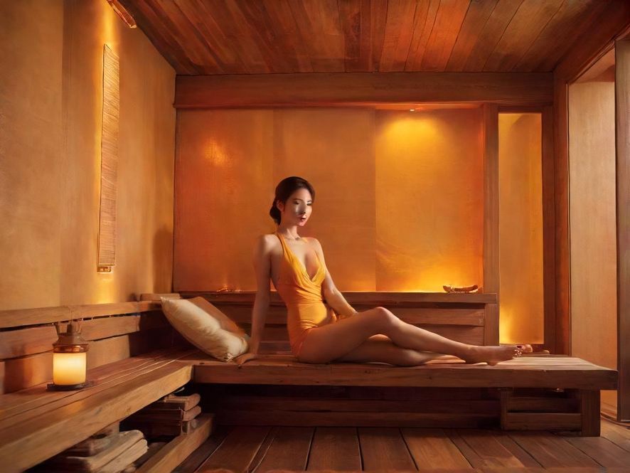 桑拿会所内雅致舒适的休息区,暖色调灯光营造出东南亚风格的放松氛围。