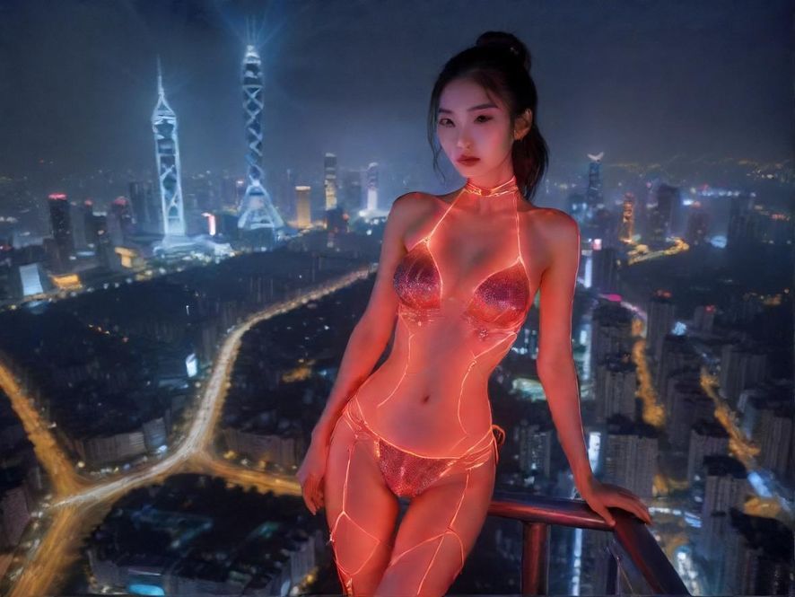 广州休闲娱乐区夜景，俯视视角，霓虹闪烁，繁华都市