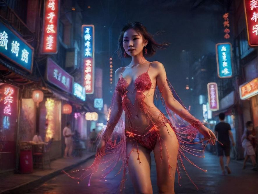 广州繁华的夜景街道,霓虹灯闪烁