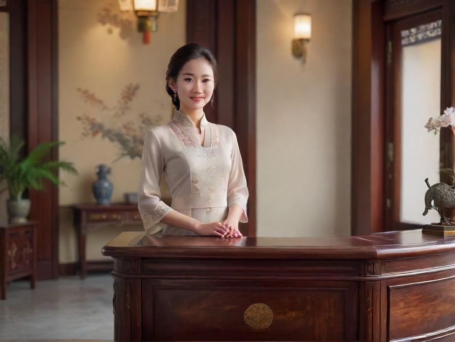 一位面带微笑、亲切友好的服务人员特写,背景是咨询台。