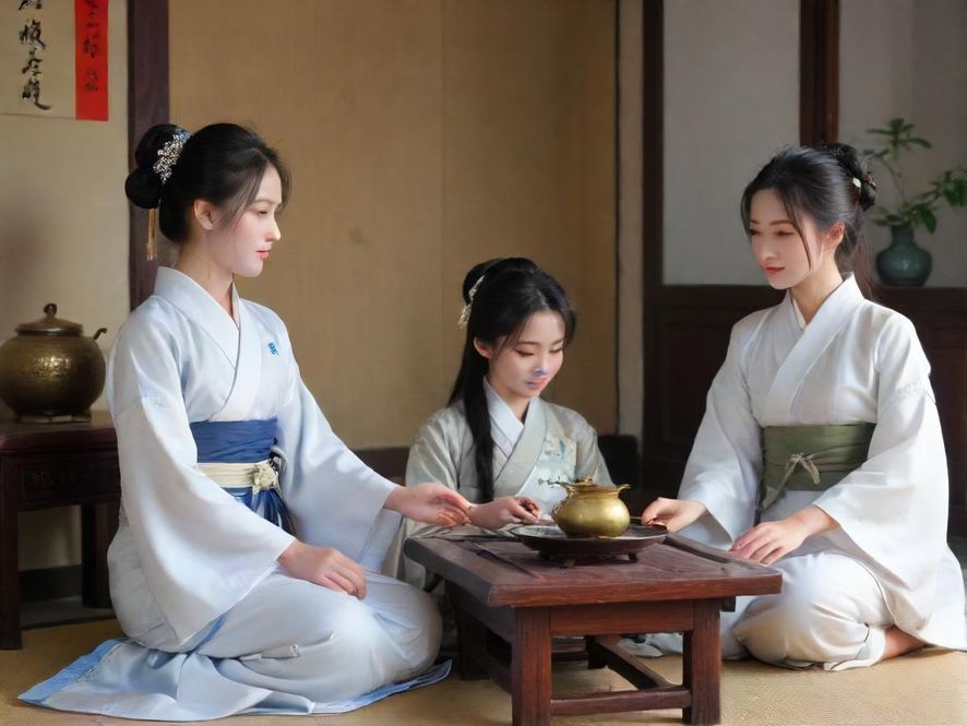 一个雅致的茶室角落,茶具摆放整齐,光线柔和温暖