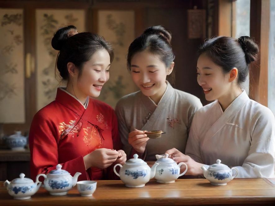 两位朋友在舒适茶室交流