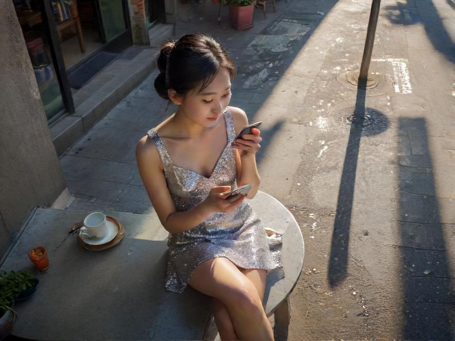 一位用户正在街头咖啡馆专注浏览广州起飞论坛