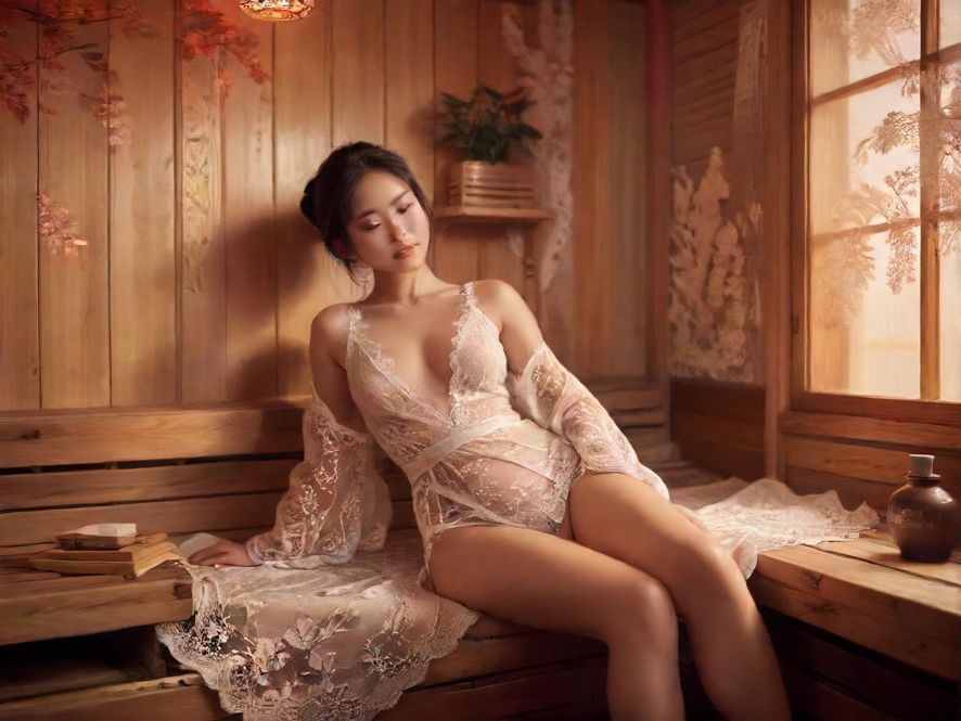 描绘舒适桑拿会所内部的插画