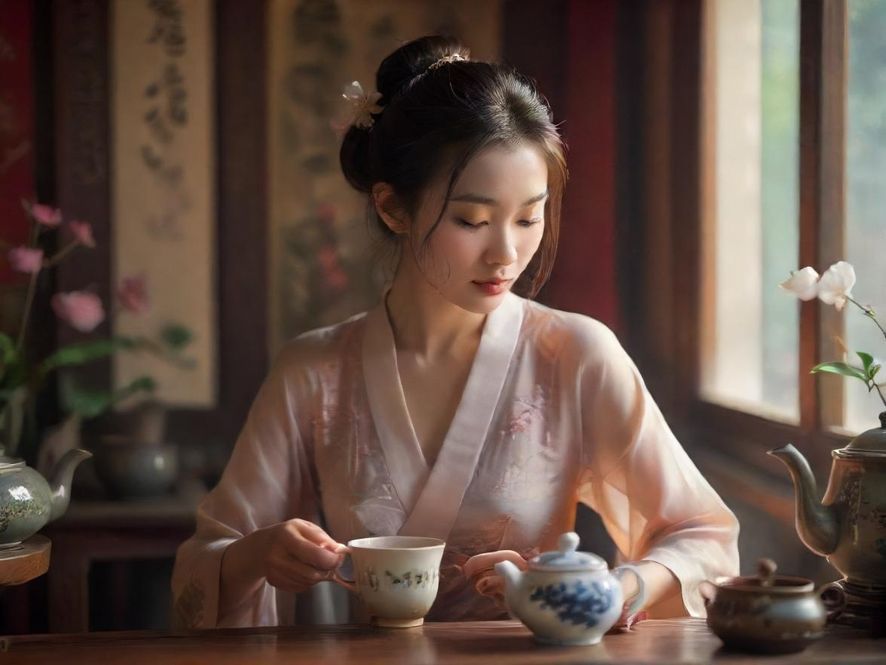 一位优雅女性在进行茶艺表演