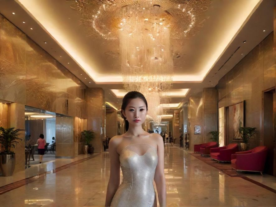 广州一家现代休闲会所的大堂，宽敞明亮，装修考究。