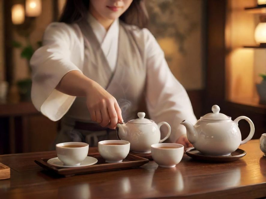 一位气质优雅的茶艺师,在古典茶室中,以特写视角展示着精湛的奉茶技艺,茶香袅袅,营造出唯美而宁静的意境。