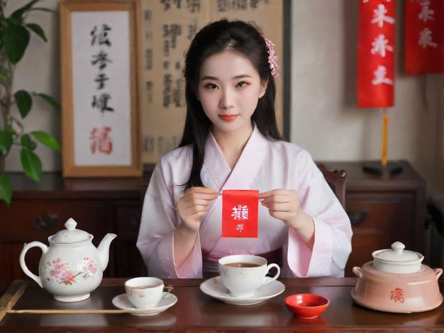 一位身着旗袍的优雅女子在雅致茶室中品茶,侧面特写,营造出唯美而宁静的氛围