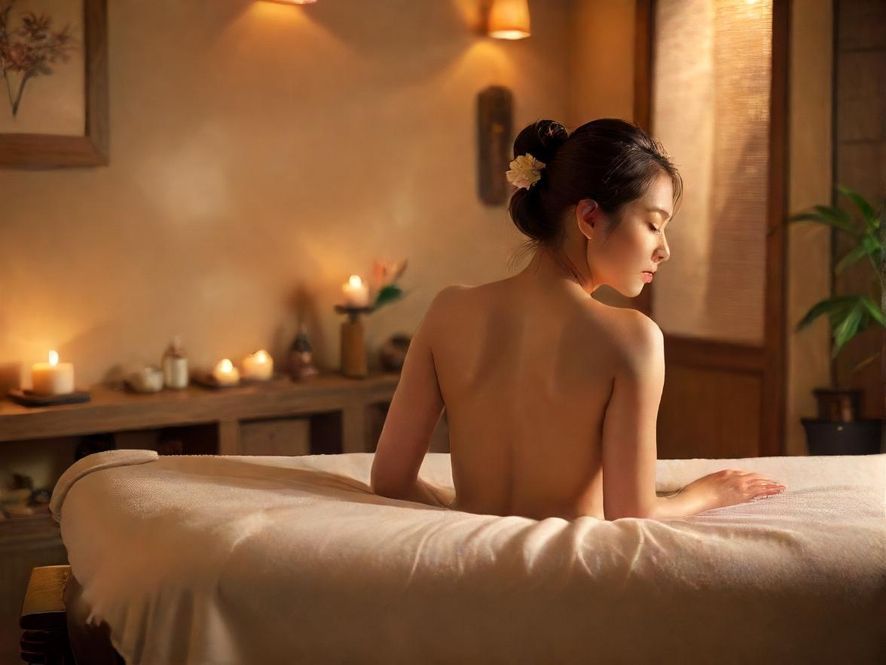 一位女士正在享受放松的全身按摩,理疗师手法轻柔,室内光线温馨。