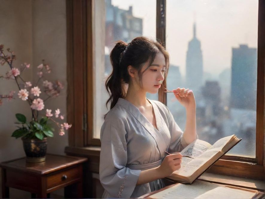 一位优雅女性的背影,姿态温柔,置身于一个私密温馨的室内休闲场景中,背景虚焦营造出轻松氛围。