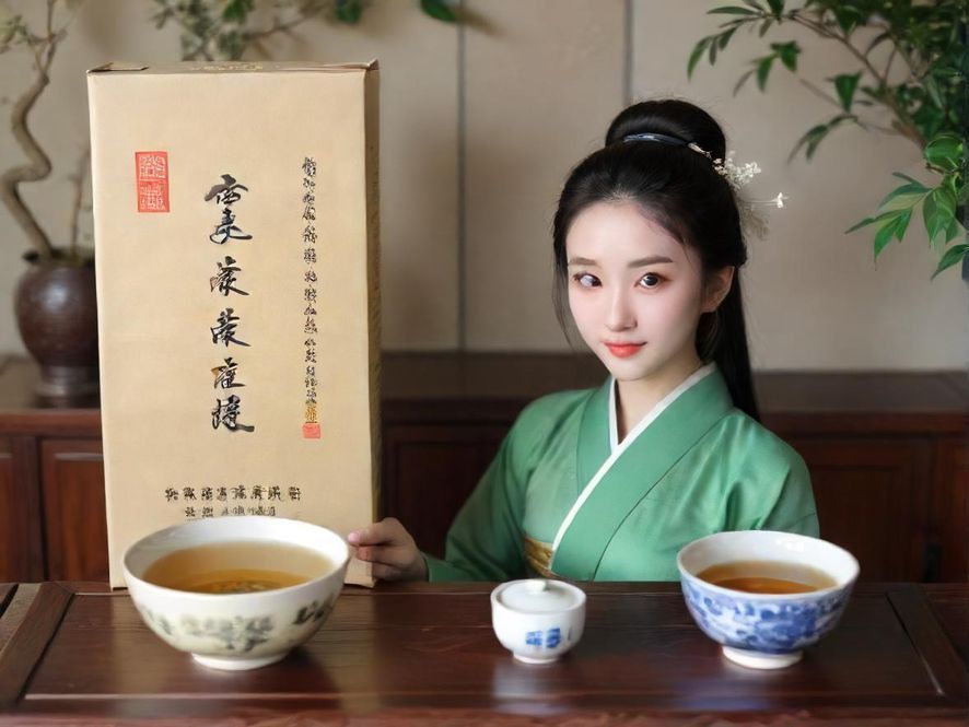 一位气质优雅的女士正在广州的茶室中品鉴香茗,茶具精致,光线柔和。