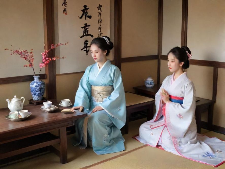 一位女士在广佛一间古典雅致的茶室中品茗,阳光透过窗棂洒下,营造出宁静而美好的氛围。