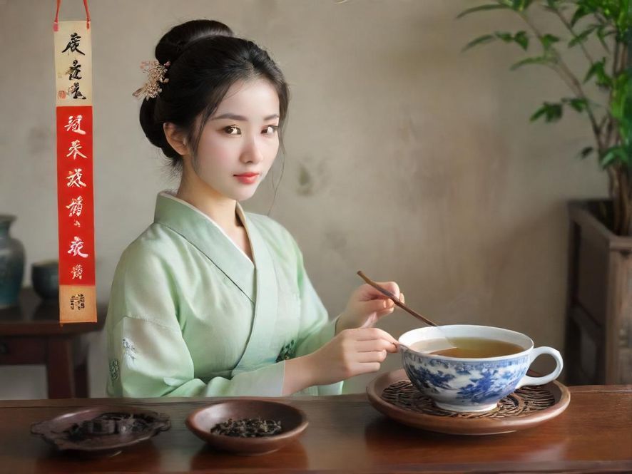 一位广州品茶美女的特写，展现唯美艺术风格，背景是精心布置的茶道空间