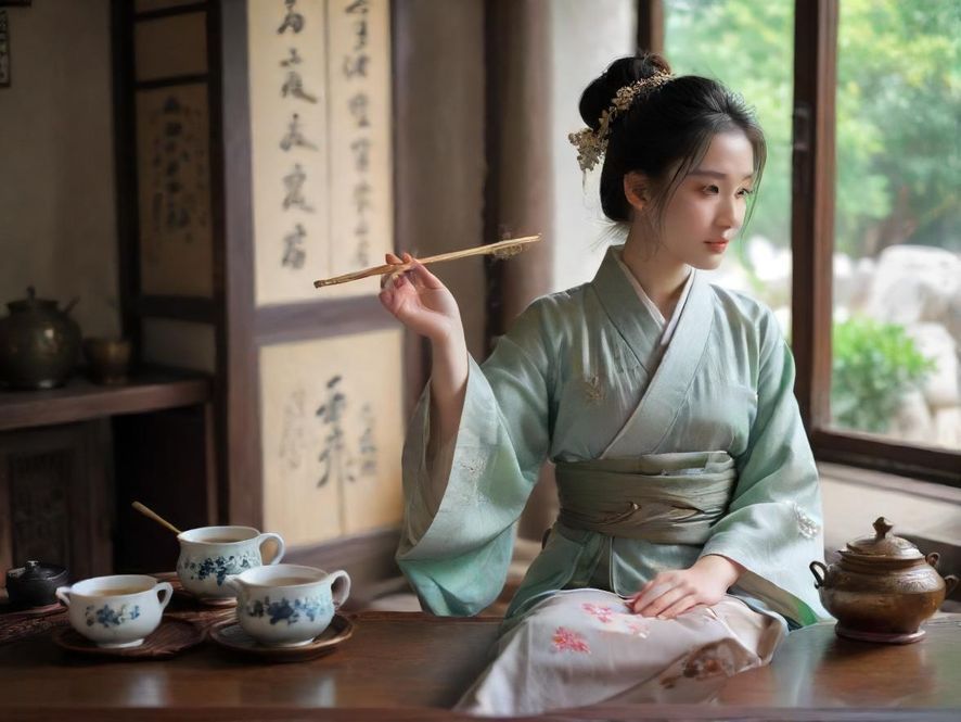 一位优雅的女士在精致茶室中,品尝着香醇的茶与可口的点心,享受片刻的宁静。