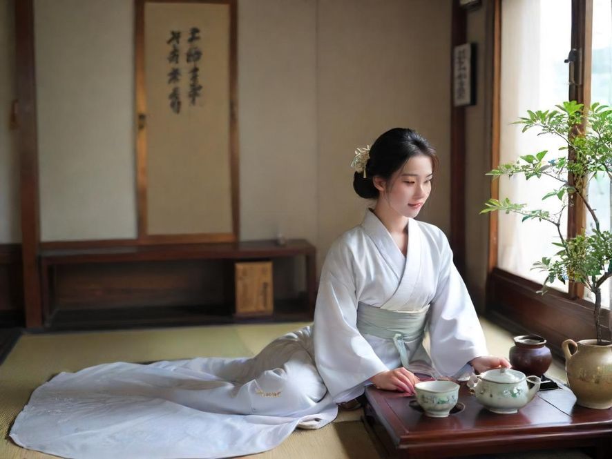 一位在温馨茶室中品茶的优雅女性