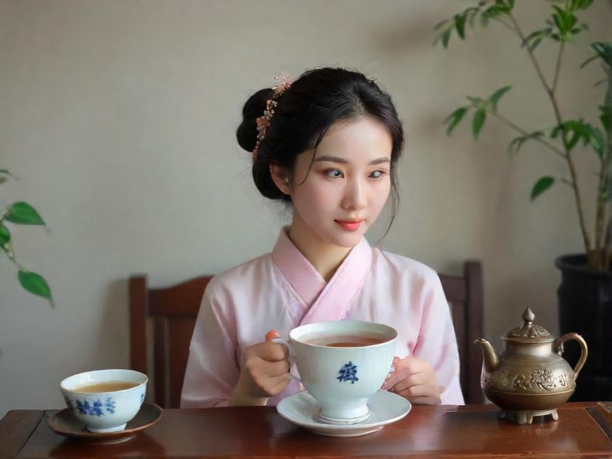 一位身着优雅旗袍的女子在传统园林风格的茶馆中侧面特写,手里拿着茶杯,背景是唯美古典的园林景色,光线柔和。