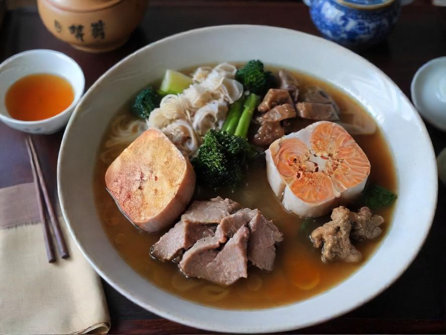 顺德特色美食精美摆盘,特写镜头,艺术摄影,古色古香餐馆背景