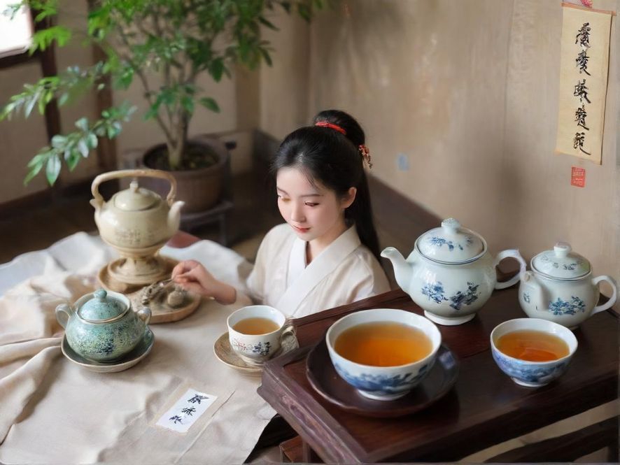 一位女子在雅致茶室中品茶,享受宁静与放松