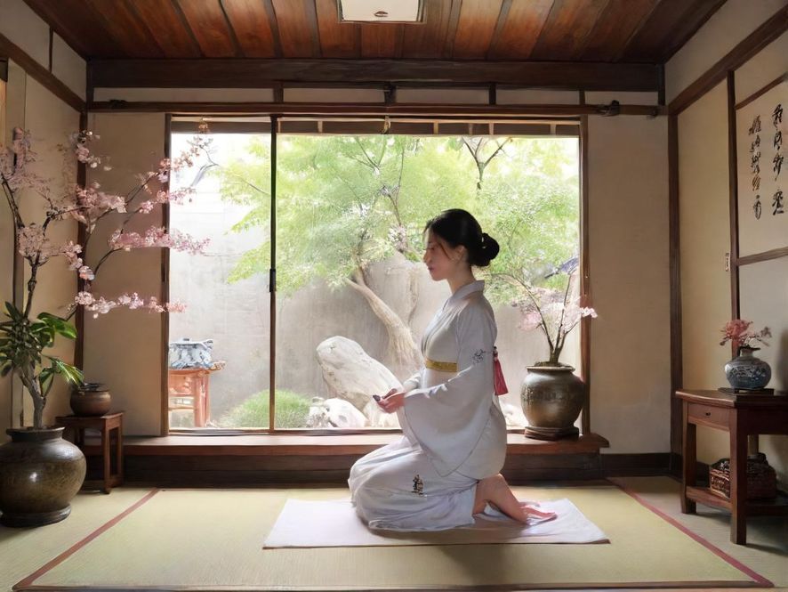 一位在办公室疲惫工作的女性,背景逐渐过渡到宁静的茶室,象征着从压力到放松的转变。