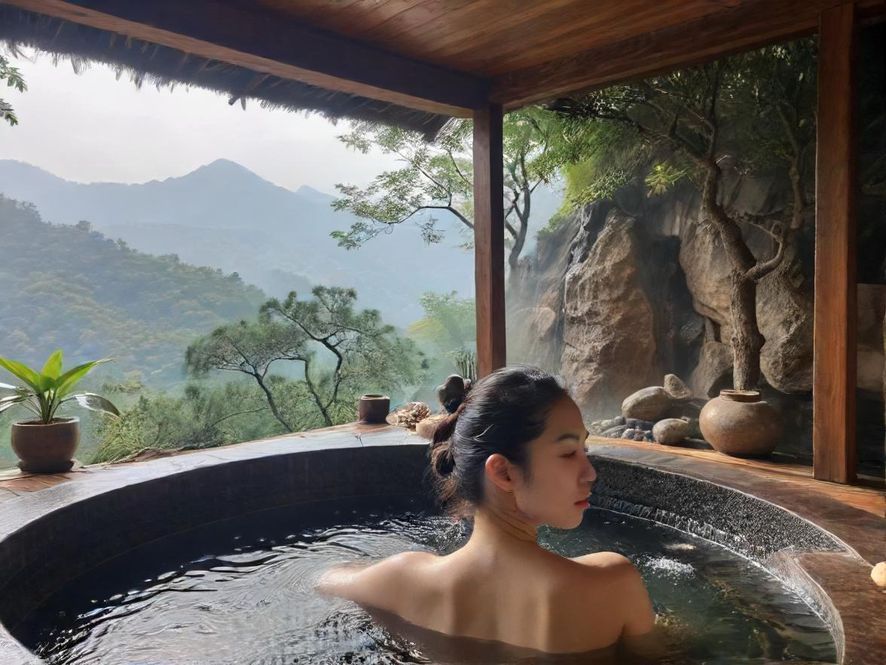 从俯视视角看佛山一家现代SPA会所的桑拿按摩区，营造出温暖治愈的氛围。