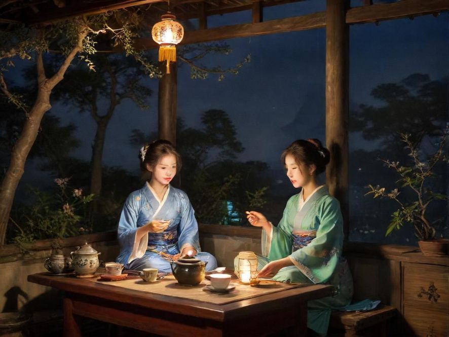 一位女士在广州夜景下的私密茶室中,享受着柔和灯光下的茶饮时光,氛围宁静而雅致。