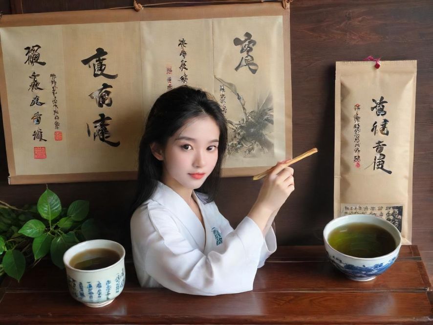 一位女子在雅致茶室中品茶的侧面特写,光线温暖,氛围宁静。